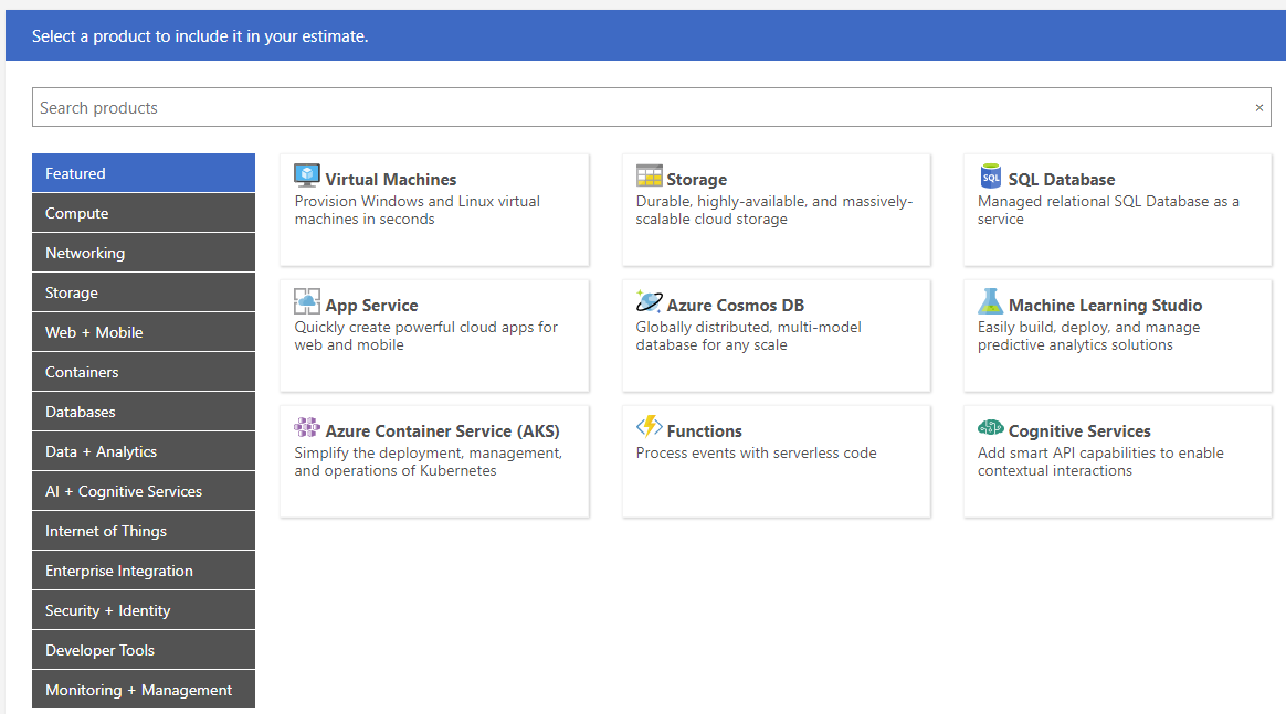The list of available services in the Azure Pricing Calculator [Image Credit: Aidan Finn]