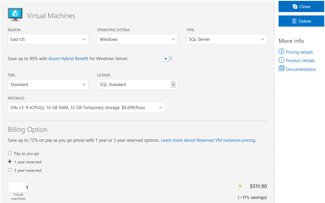 Customizing the virtual machine in the Azure Pricing Calculator [Image Credit: Aidan Finn]