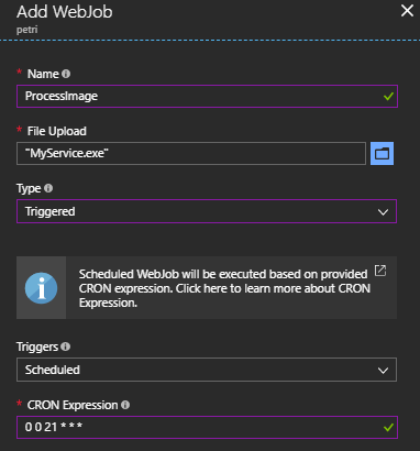 A new Azure App Service WebJob that will run an executable every day at 21:00 [Image Credit: Aidan Finn]