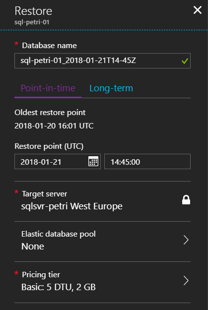 Doing a point-in-time restore of an Azure SQL database [Image Credit: Aidan Finn]