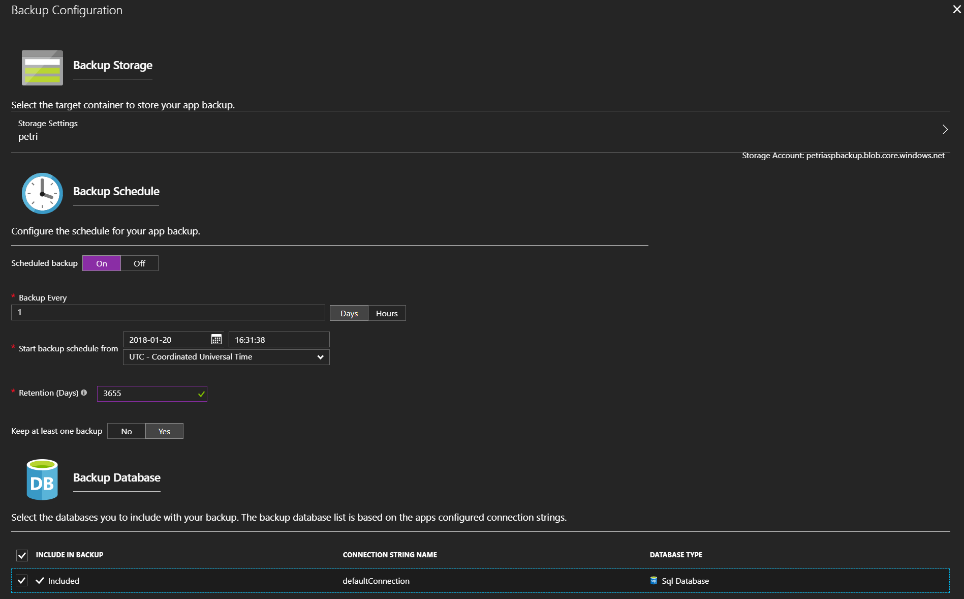 Configuring an Azure App Service or web app backup [Image Credit: Aidan Finn]