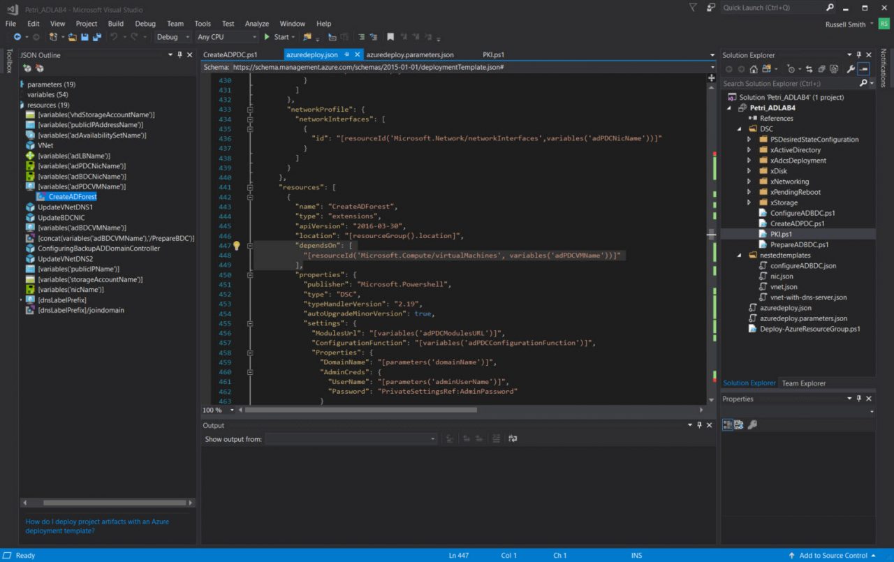 Infrastructure-as-Code Azure Resource Manager JSON template in Visual Studio (Image Credit: Russell Smith)