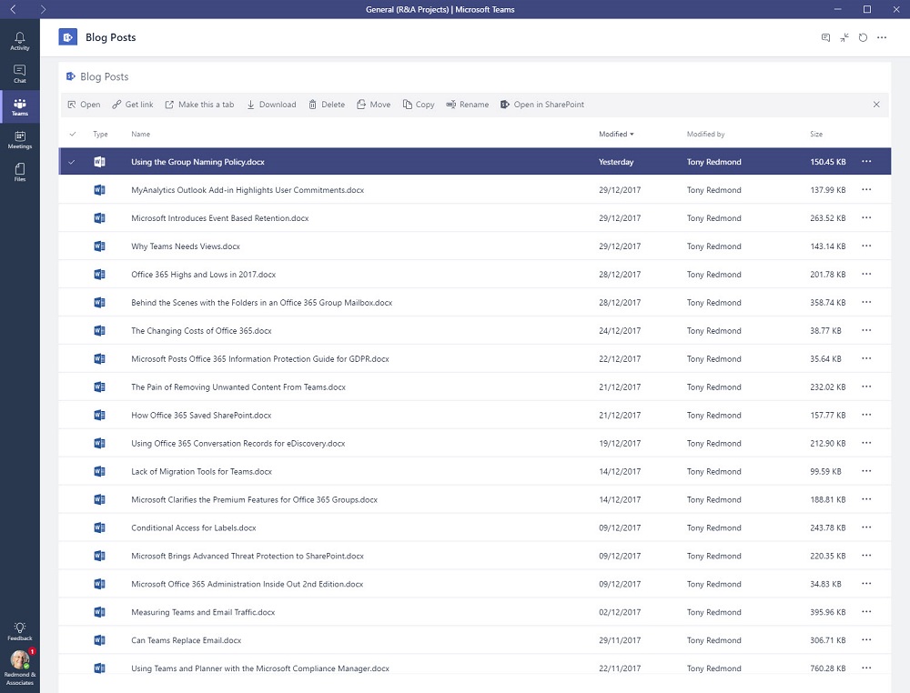 Teams view of SharePoint files