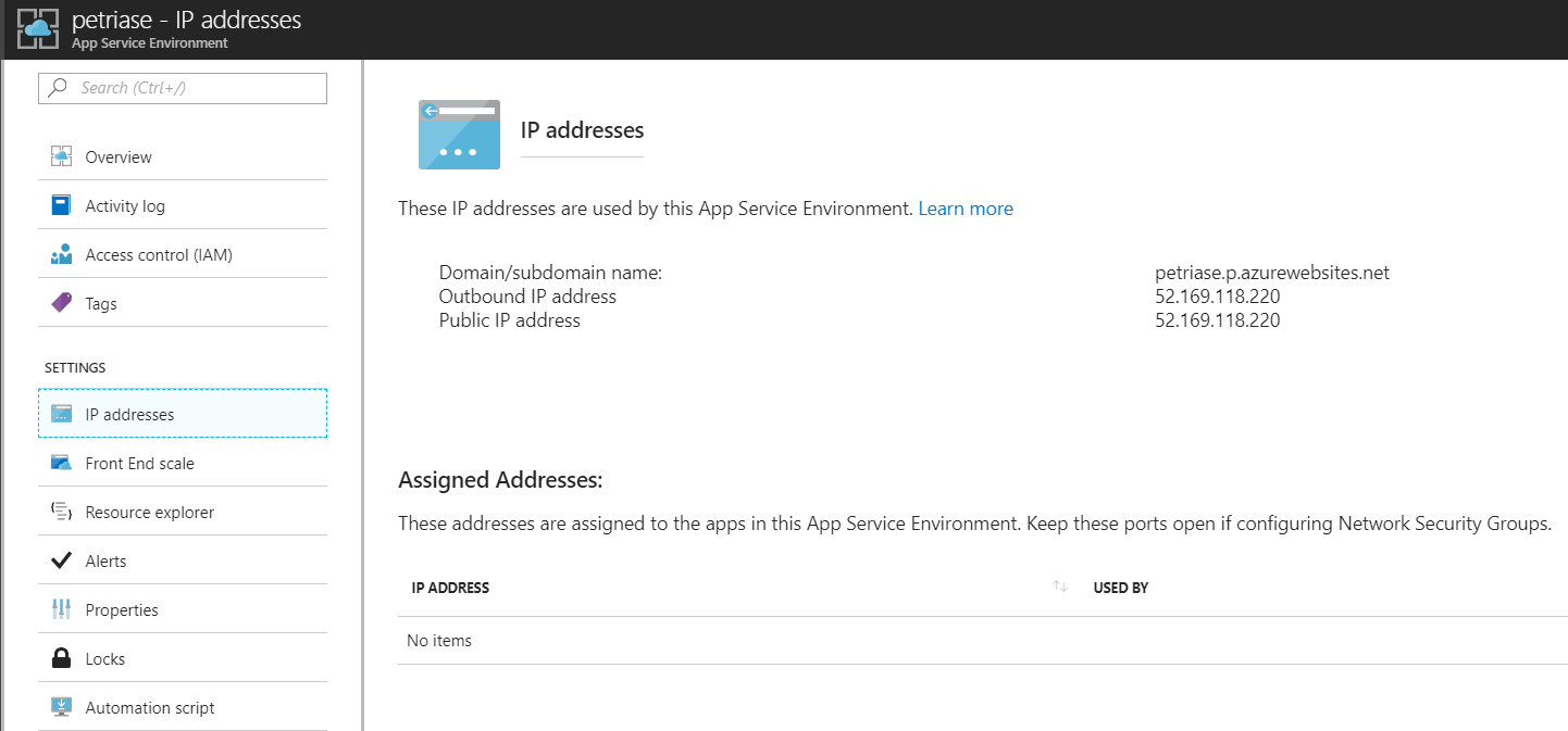 The IP addresses of an Azure Services Environment [Image Credit: Aidan Finn]