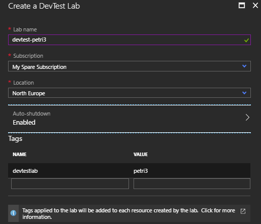 Creating a new Azure DevTest Lab [Image Credit: Aidan Finn]