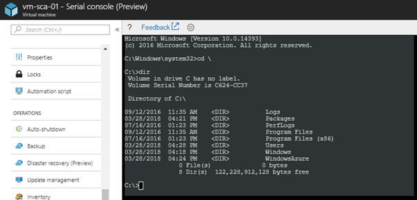 A command prompt in an Azure Windows virtual machine serial access console [Image Credit]