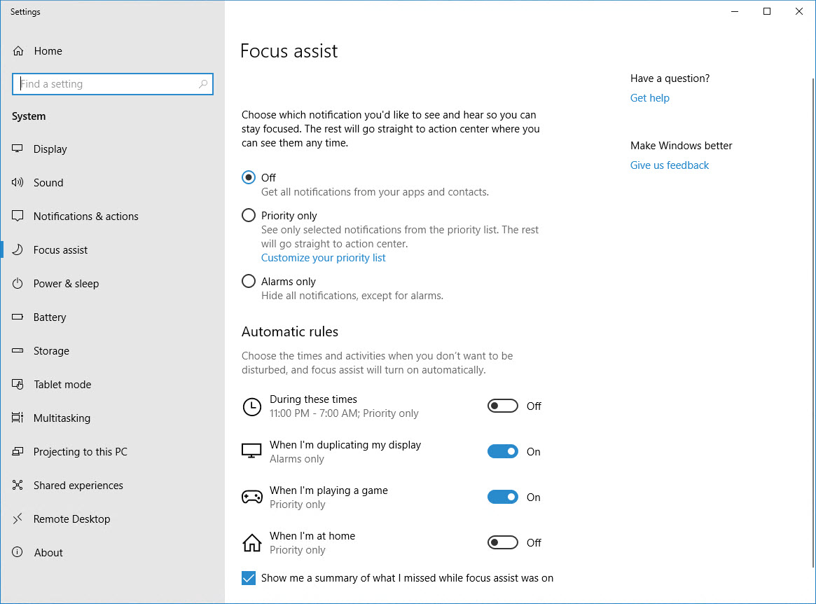 Focus Assist in Windows 10 Spring Creators Update (Image Credit: Russell Smith)