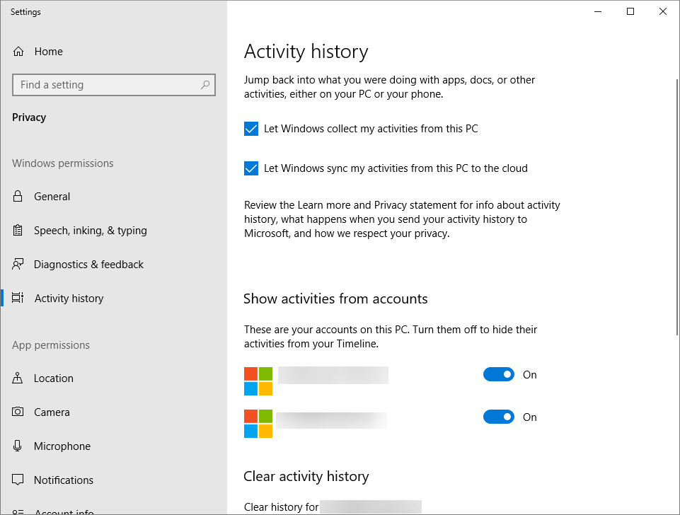 Activity History settings in Windows 10 (Image Credit: Russell Smith)