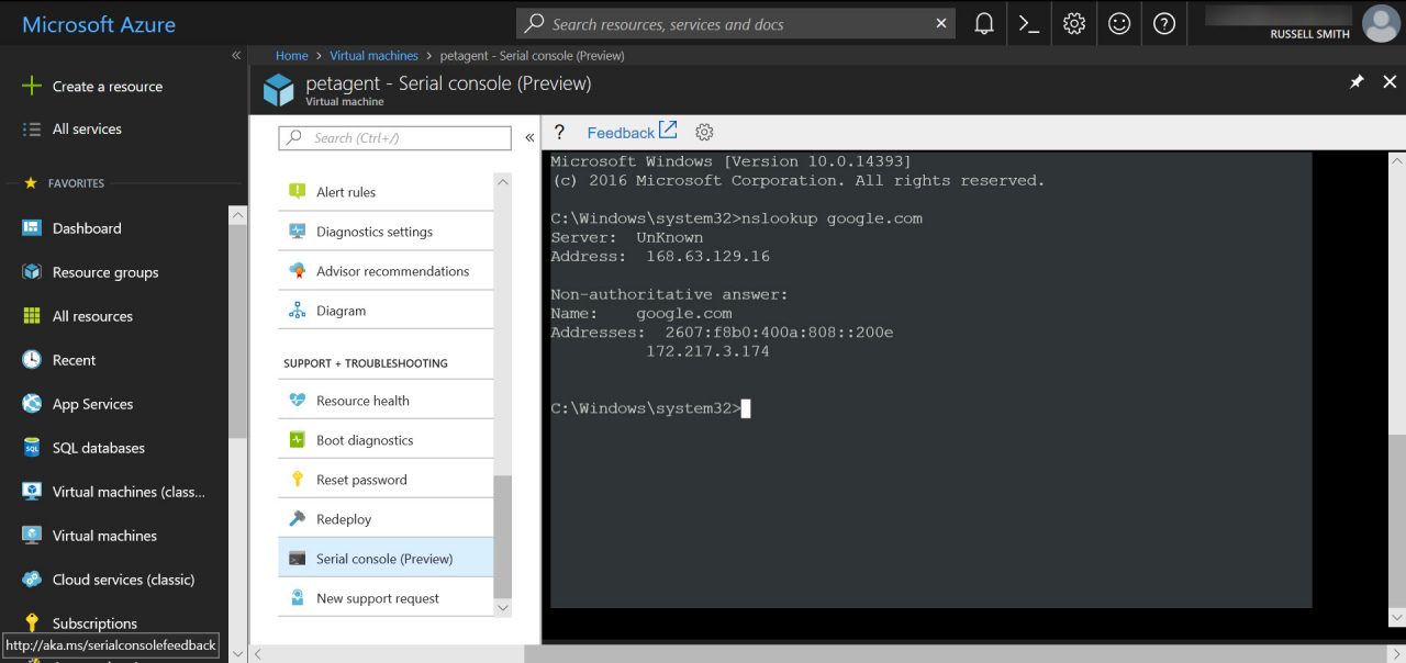 Running commands on Windows Server using the serial console preview in Microsoft Azure (Image Credit: Russell Smith)