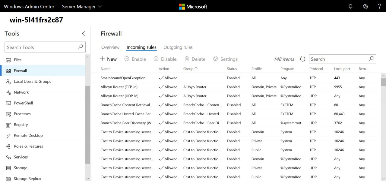 Managing Windows Firewall rules in the Windows Admin Center (Image Credit: Russell Smith)
