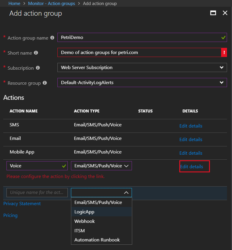 Creating a new Action Group in Azure Monitor [Image Credit: Aidan Finn]