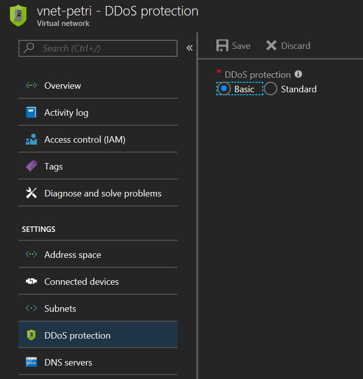 Viewing the DDoS protection level of an Azure virtual network [Image Credit: Aidan Finn]