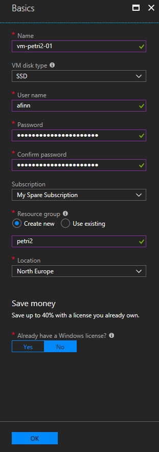 Creating a new Azure virtual machine – Basics blade [Image Credit: Aidan Finn]