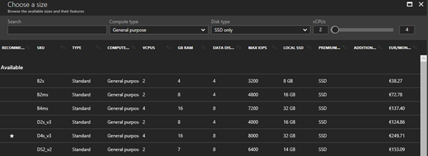 Searching for an selecting an Azure virtual machine size [Image Credit: Aidan Finn]