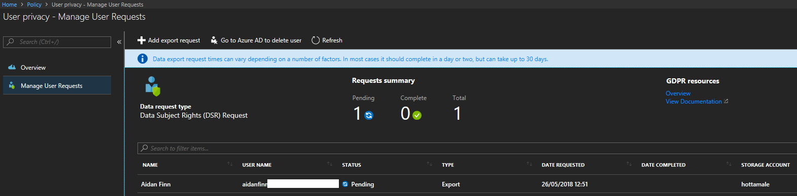 Exporting data for a GDPR data subject request (DSR) in Azure [Image Credit: Aidan Finn]