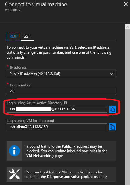 Clicking Connect with a Linux virtual machine in the Azure Portal [Image Credit: Aidan Finn]