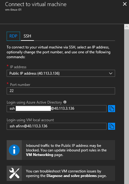 Connecting to a Linux virtual machine in the Azure Portal [Image Credit: Aidan Finn]