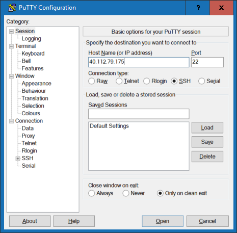 Create an SSH connection in PuTTY for an Azure virtual machine [Image Credit: Aidan Finn]