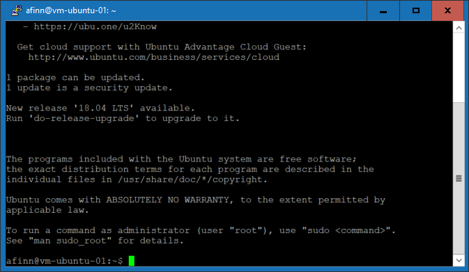 Logged into a Linux virtual machine in Azure using PuTTY/SSH [Image Credit: Aidan Finn]
