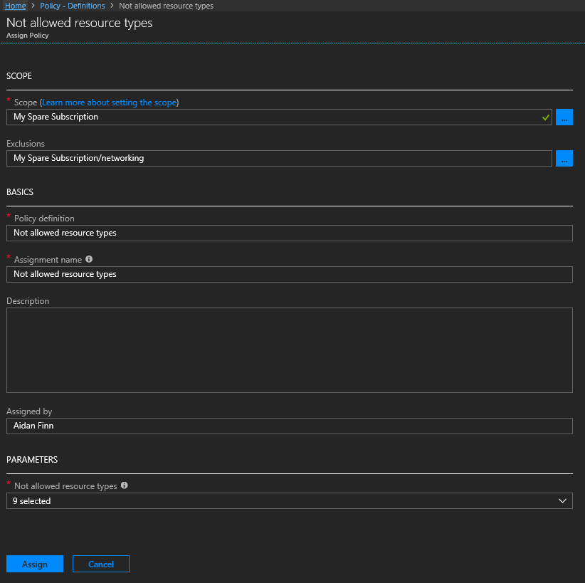 Assigning an Azure Policy [Image Credit: Aidan Finn]