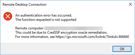 Remote Desktop Connection 'CredSSP Encryption Oracle Remediation' error (Image Credit: Russell Smith)