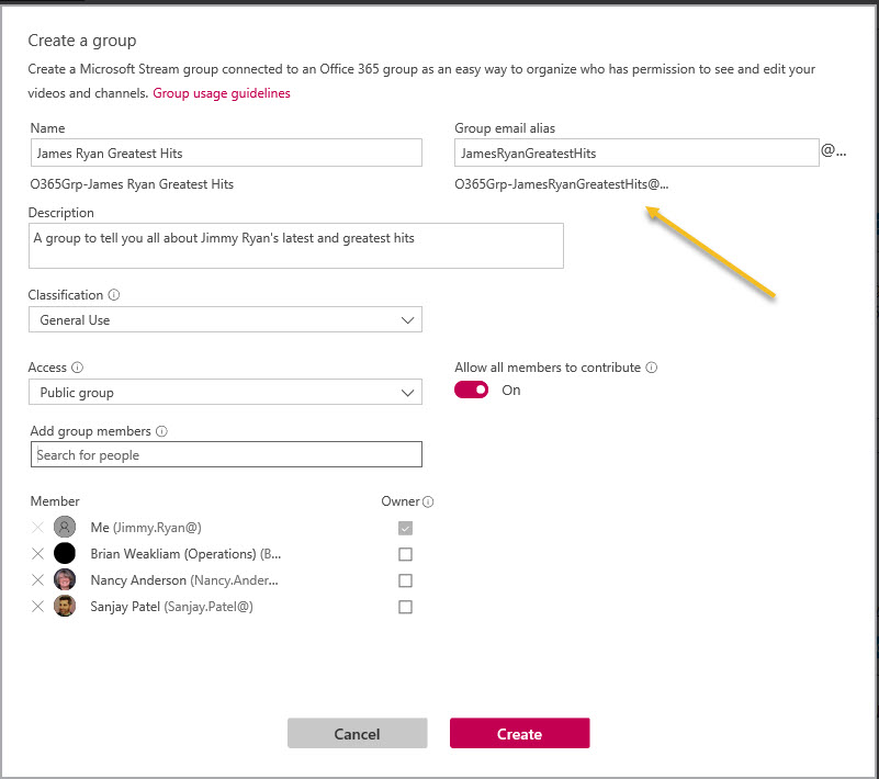 Stream create Office 365 Group