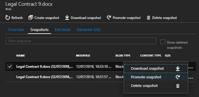 Viewing old snapshots of a blob in Azure Storage [Image Credit: Aidan Finn]