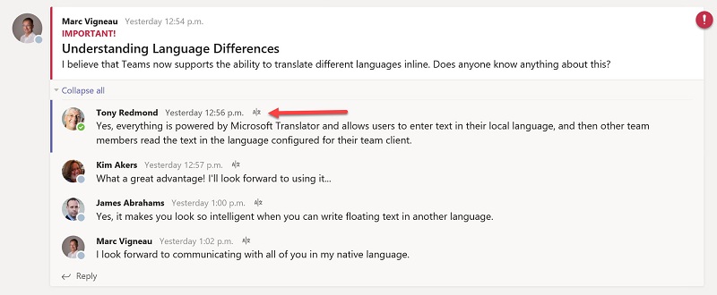 Teams translated text
