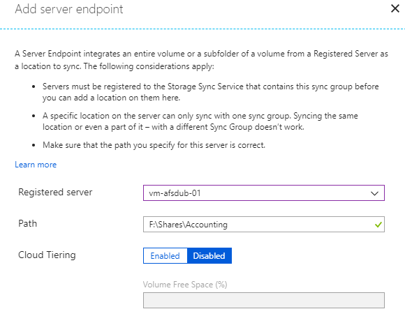 Adding a server endpoint to a sync group in Azure File Sync [Image Credit: Aidan Finn]