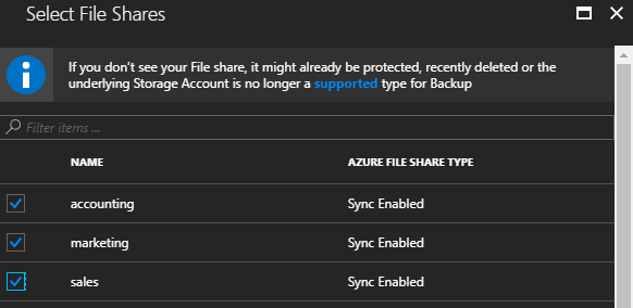 Selecting the Azure Files shares to back up [Image Credit: Aidan Finn]