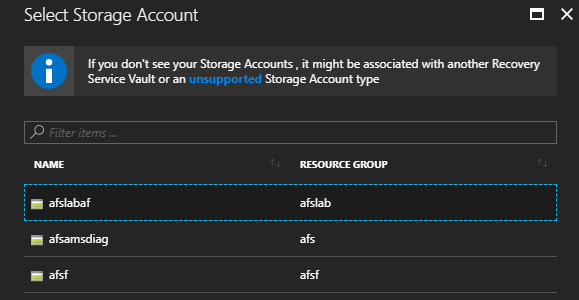 Choosing an Azure File Sync storage account to back up [Image Credit: Aidan Finn]