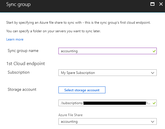 Creating a new sync group in Azure File Sync [Image Credit: Aidan Finn]