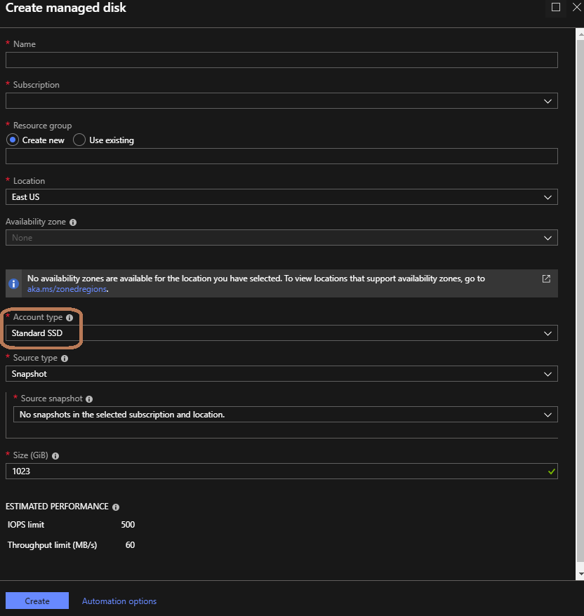 Creating a new Standard SSD in East US in Azure [Image Credit: Aidan Finn]