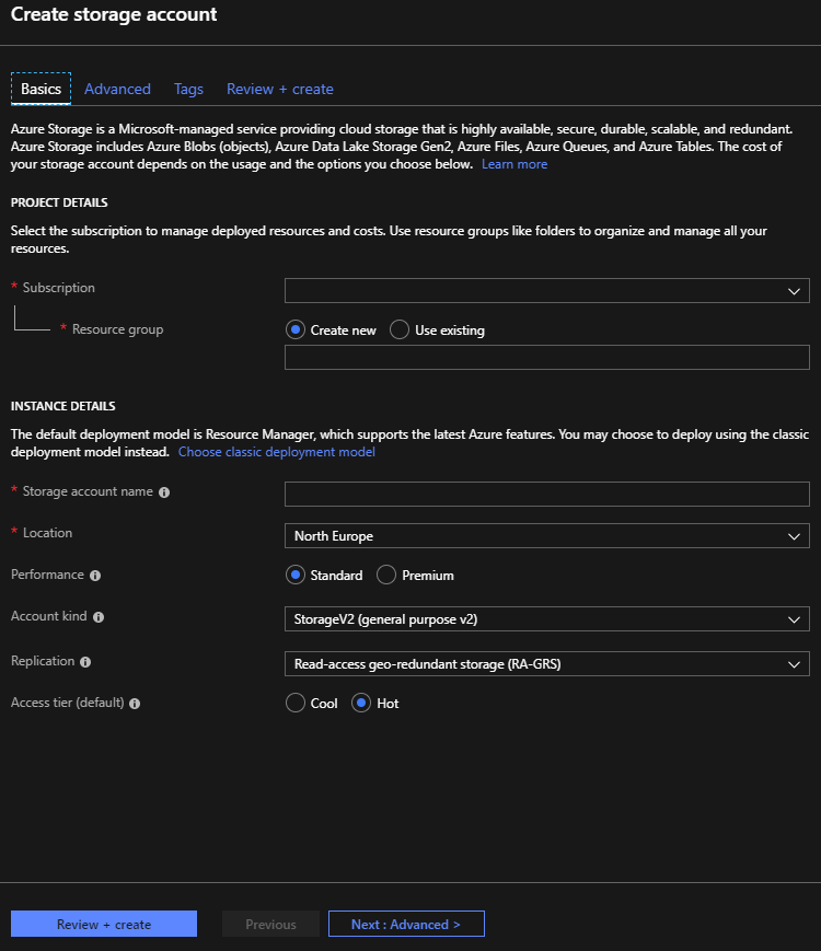 The tabbed UI for creating a new Azure storage account [Image Credit: Aidan Finn]