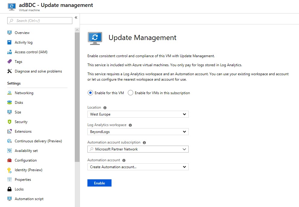 Enrolling an Azure VM in Azure Update Management (Image Credit: Russell Smith)