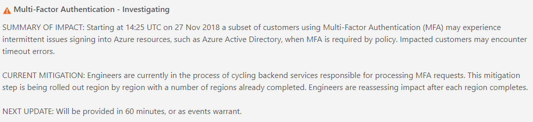 The second Azure AD Multi-Factor Authentication outage in 8 days [Image Credit: Aidan Finn]