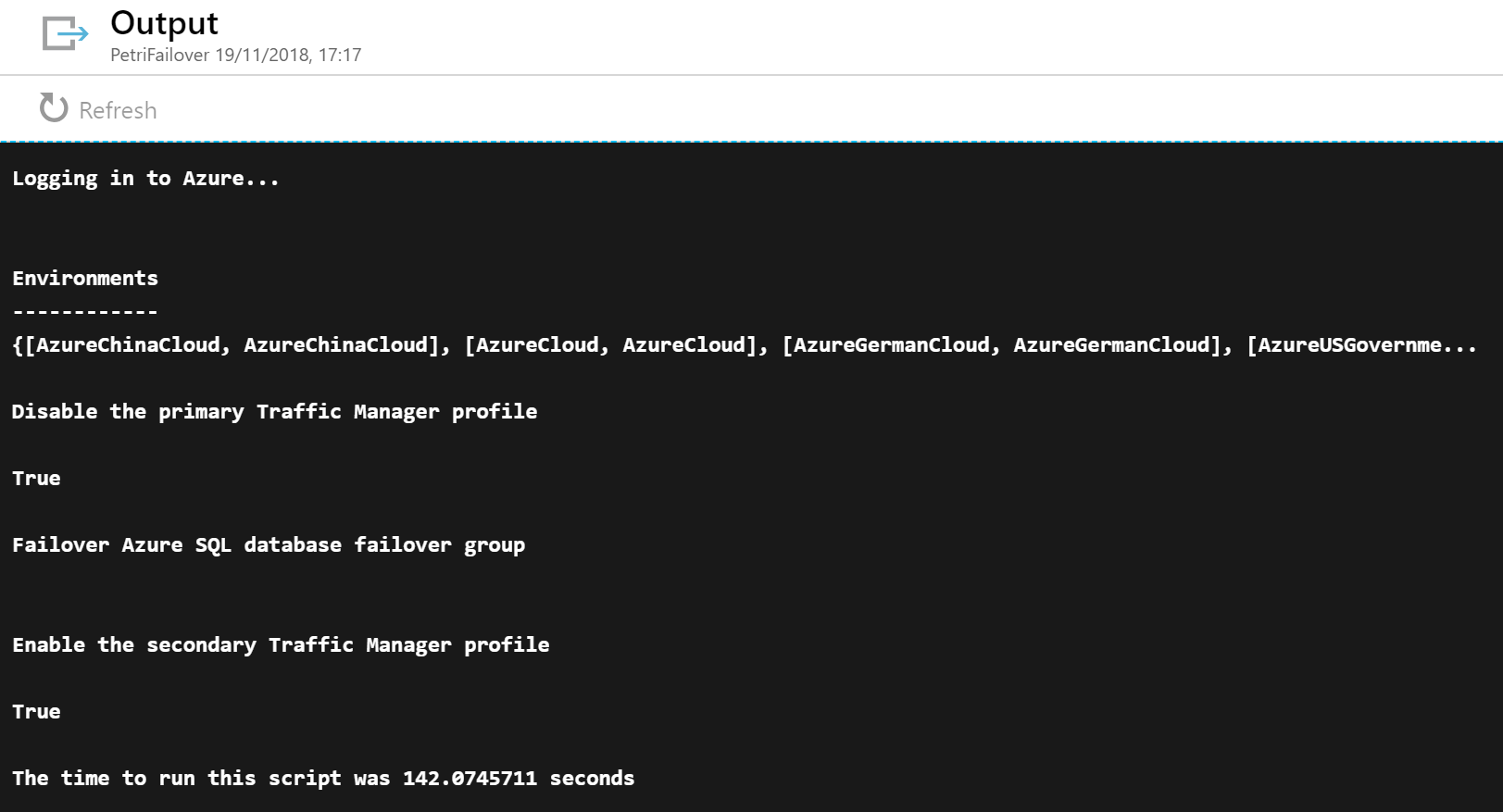 The output of an Azure Automation runbook failing over the web app [Image Credit: Aidan Finn]