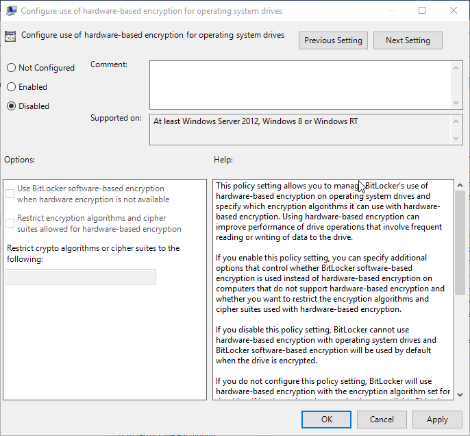 Configure use of hardware-based encryption BitLocker Group Policy setting (Image Credit: Russell Smith)