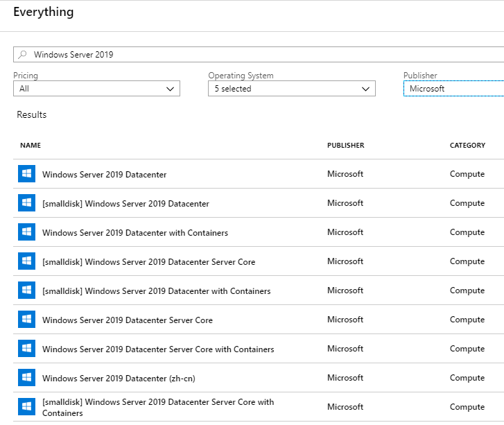 The released images for Windows Server 2019 in the Azure Marketplace [Image Credit: Aidan Finn]
