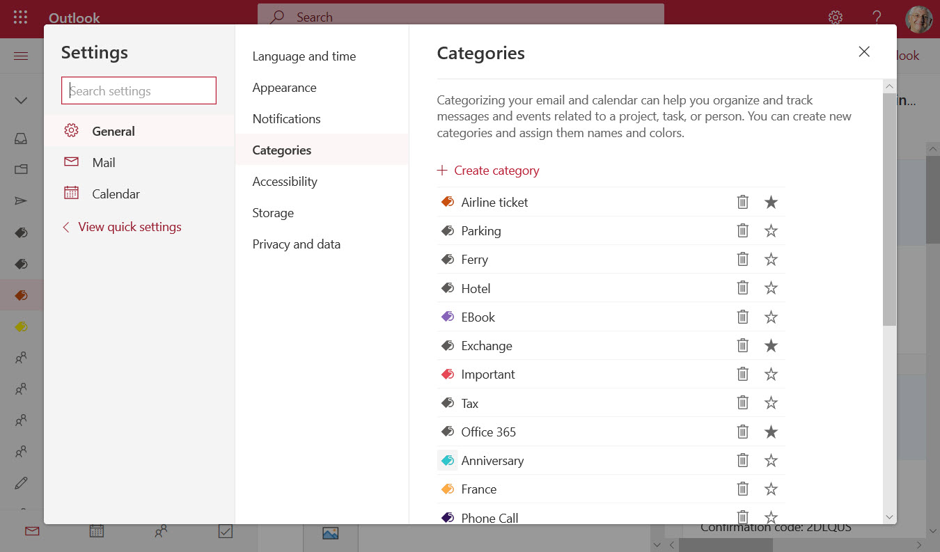 Manage OWA categories