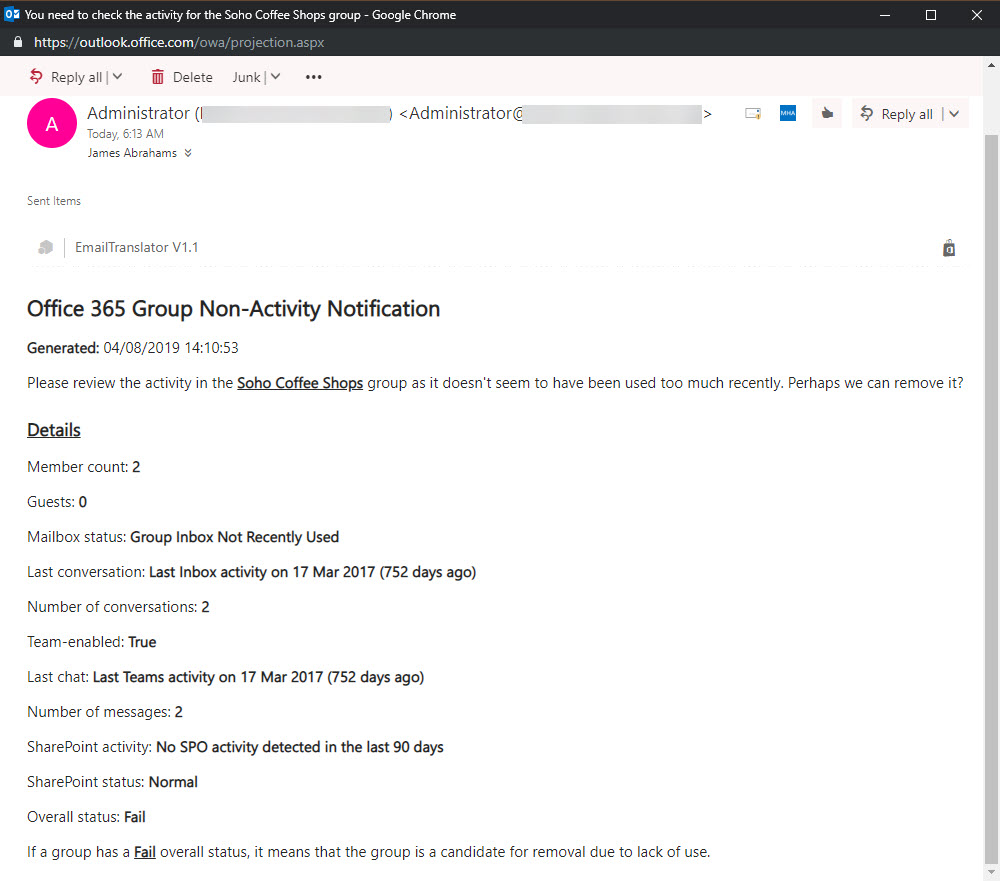 Example of a notification message for an obsolete Office 365 group