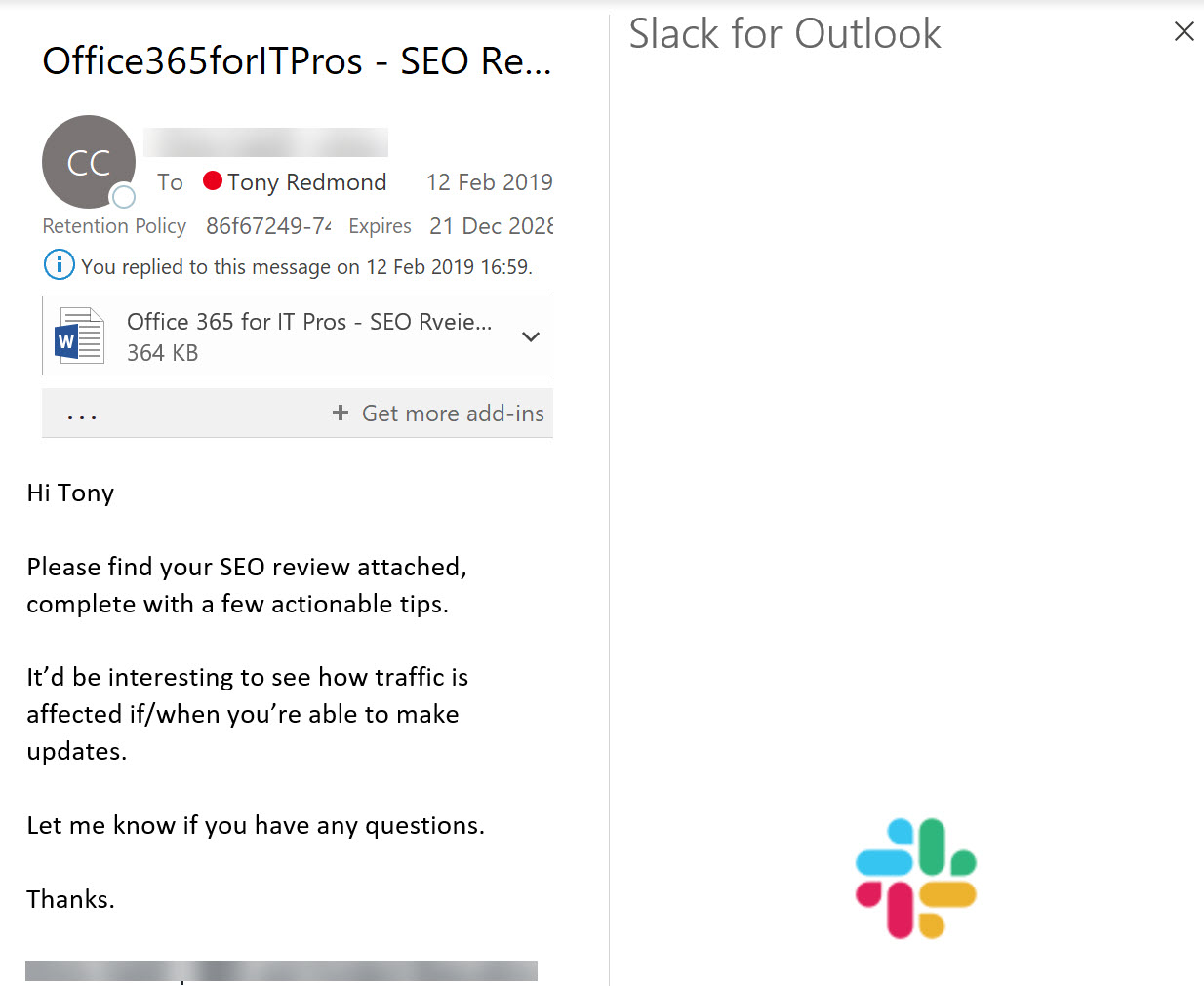 Slack add-in problems for Outlook