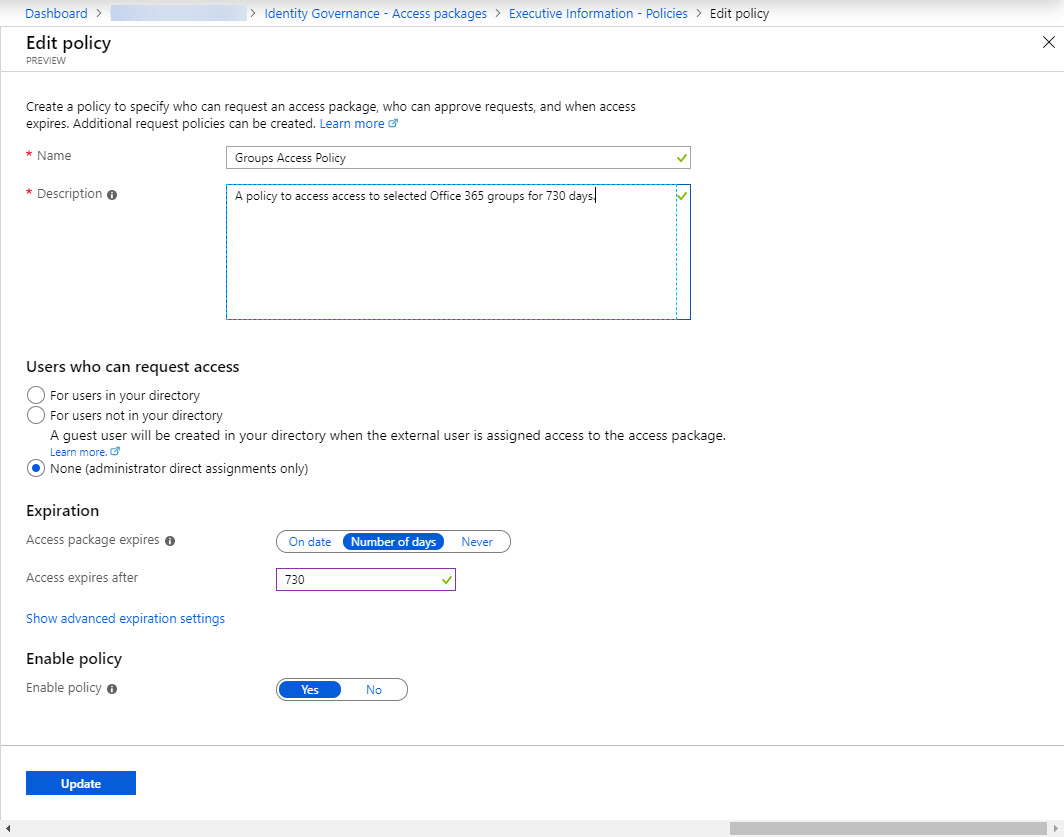 Policy Settings AAD Entitlement