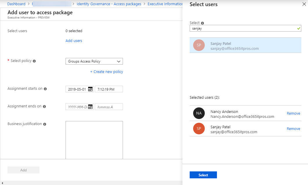 Assigning Users to AAD entitlement policy