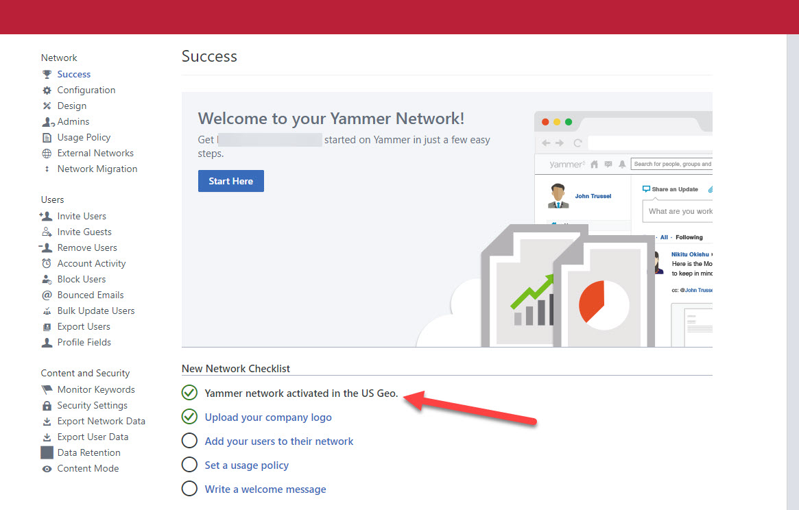 Viewing the Yammer network location 