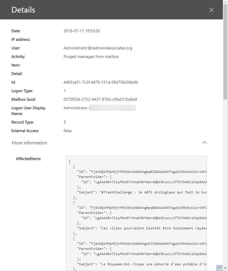 Information about purged messages in the Office 365 audit log