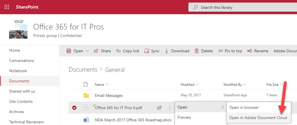 SharePoint Online offers to open a PDF in the Adobe Document Cloud 