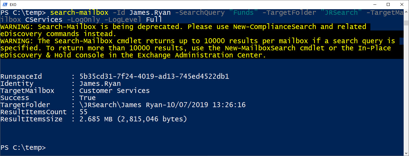 PowerShell gives a Search-Mailbox deprecation notice 