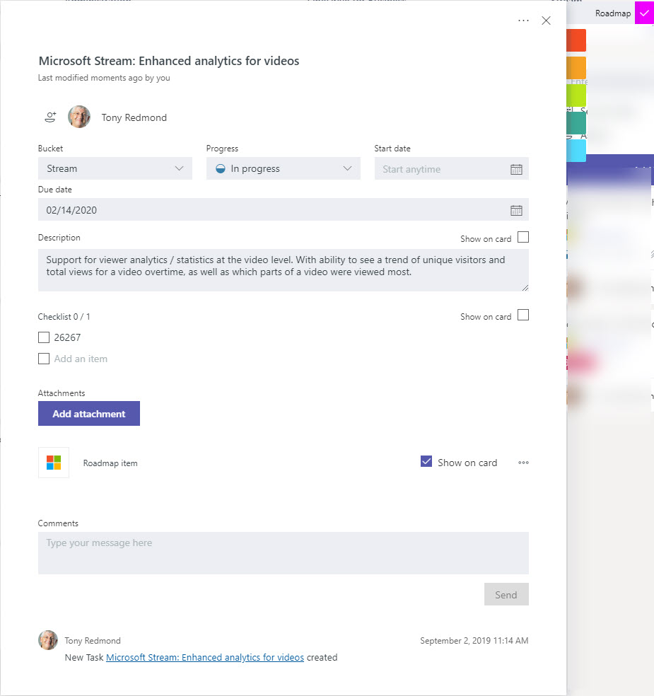 Building out Office 365 Roadmap item in Planner