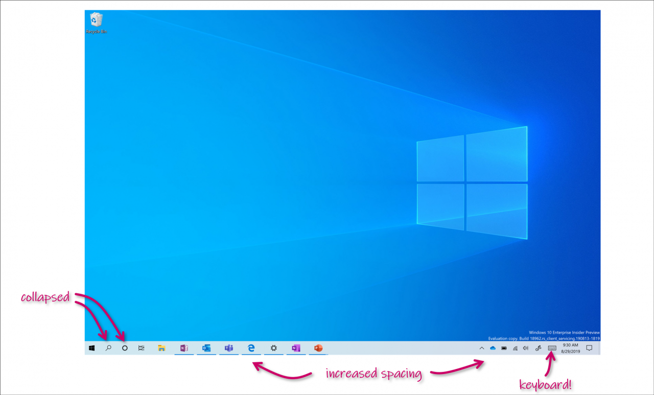 Changes to the Windows 10 desktop when used in tablet mode (Image Credit: Microsoft)